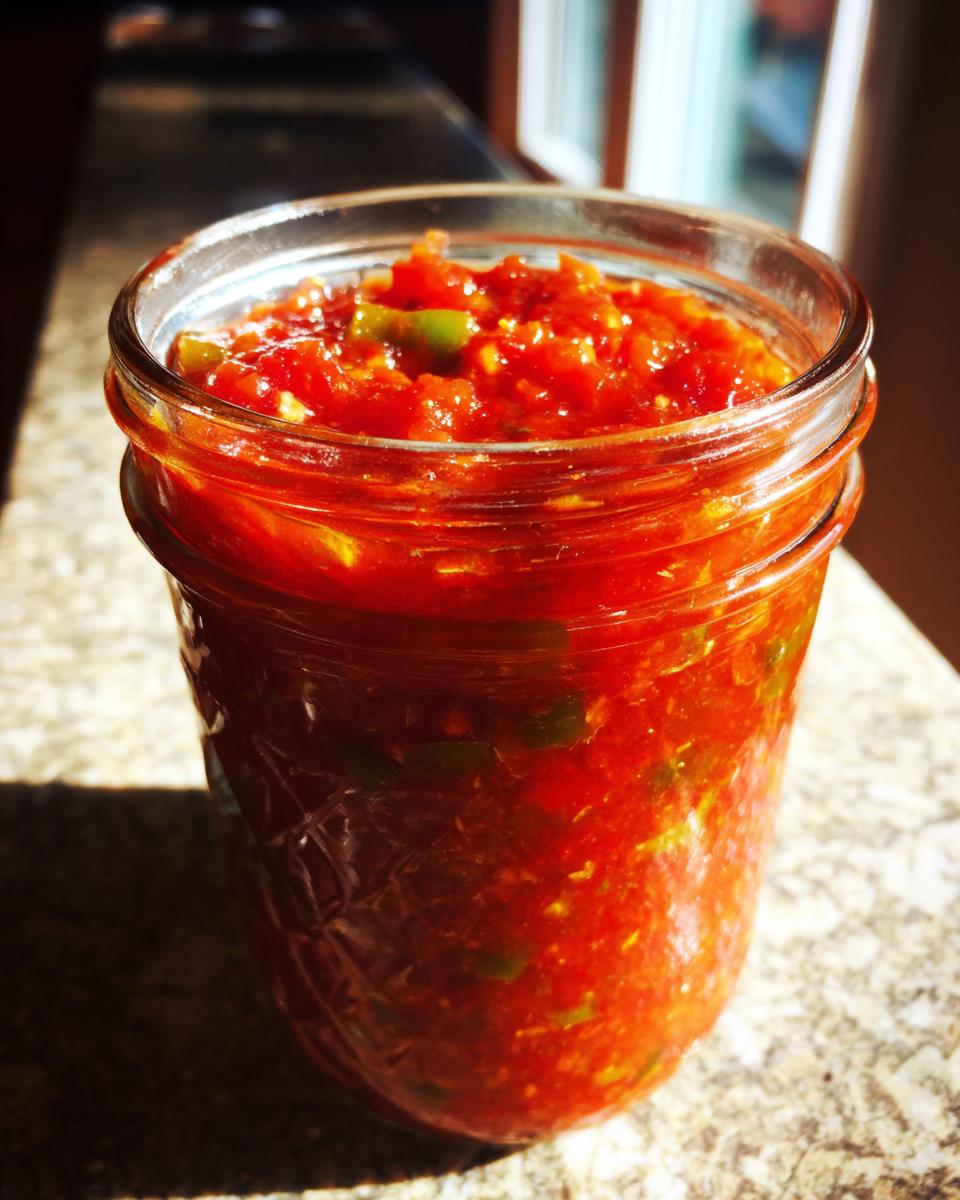 Close-up of a glass jar filled with vibrant red homemade tomato salsa, featuring chopped tomatoes and green peppers.