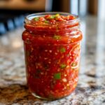 A full jar of homemade tomato salsa, packed with diced tomatoes, peppers, and onions, ready for canning.