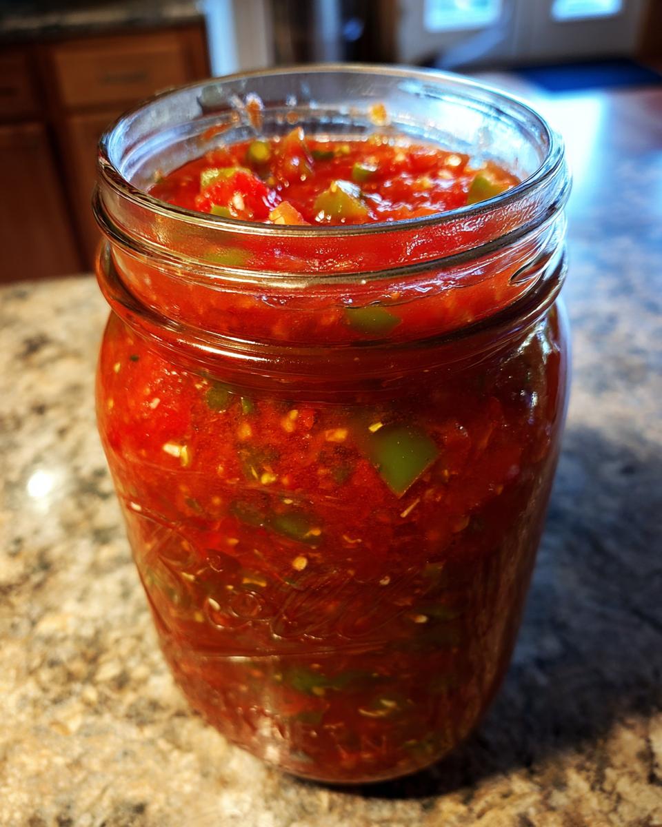 A close-up of a full jar of homemade tomato salsa, showcasing chunks of tomatoes and green peppers, perfect for canning.