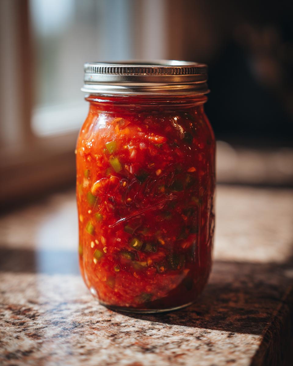A close-up of a full mason jar filled with vibrant, chunky tomato salsa, perfect for canning.