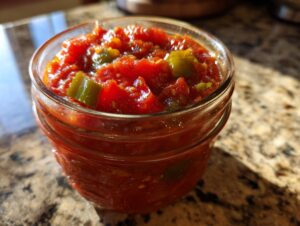 Close-up of a glass jar filled with vibrant homemade tomato salsa, featuring chunks of tomatoes and green peppers.