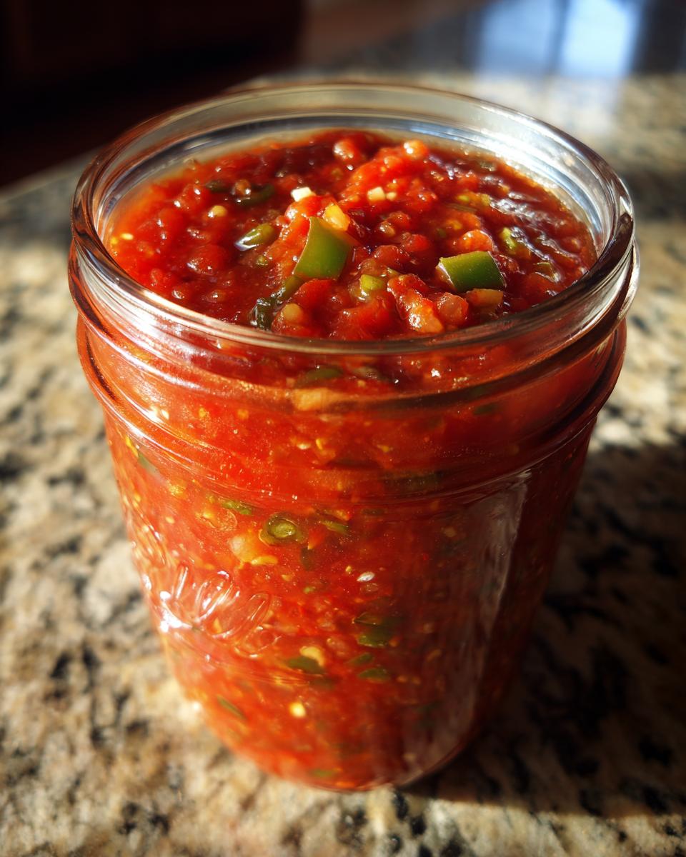 A close-up of a glass jar filled with vibrant homemade tomato salsa, featuring chunks of tomatoes, jalapeños, and onions.