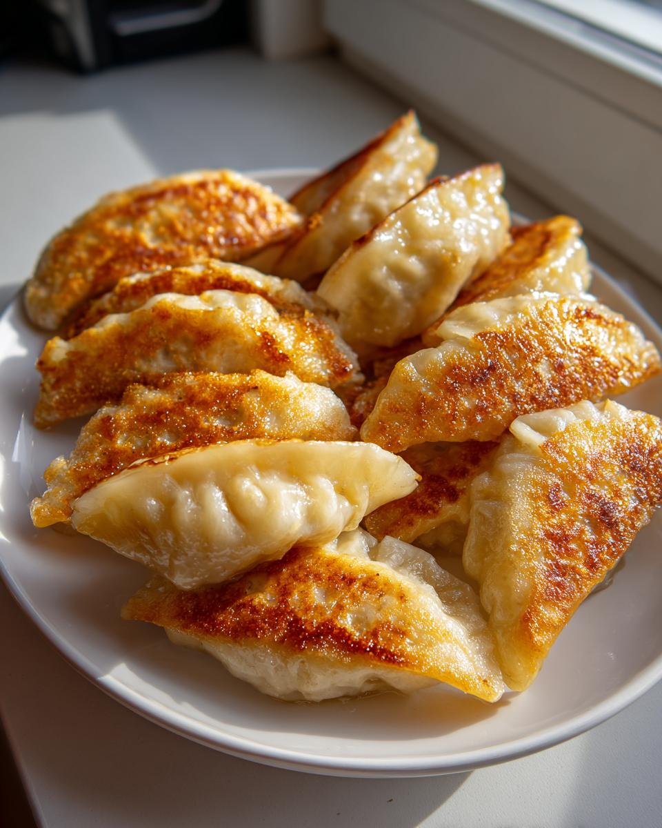 A plate full of golden-brown, pan-fried Traditional Chinese Dumplings, glistening in the sunlight.