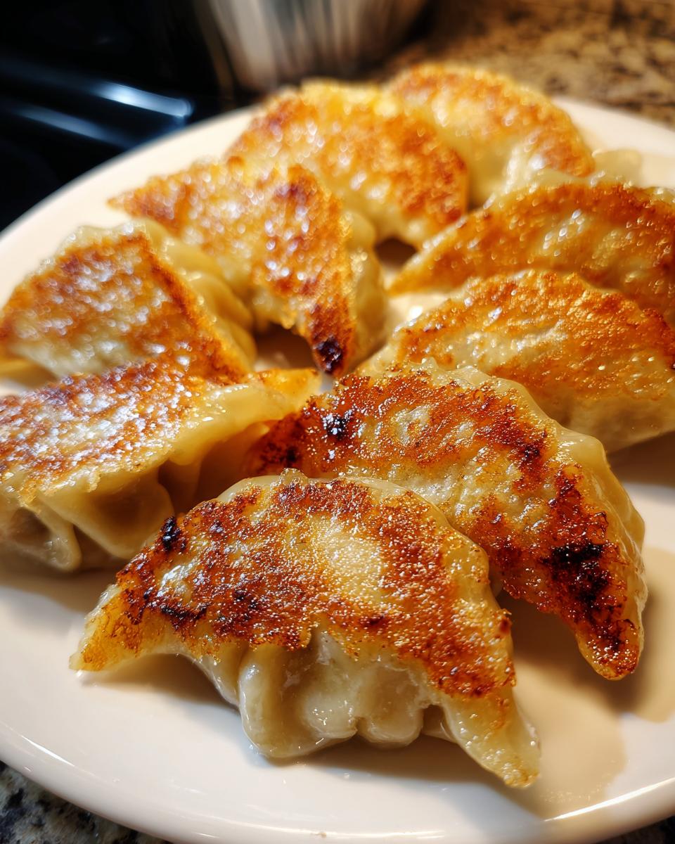 A plate of freshly pan-fried Traditional Chinese Dumplings, showing their golden-brown, crispy bottoms and tender tops.