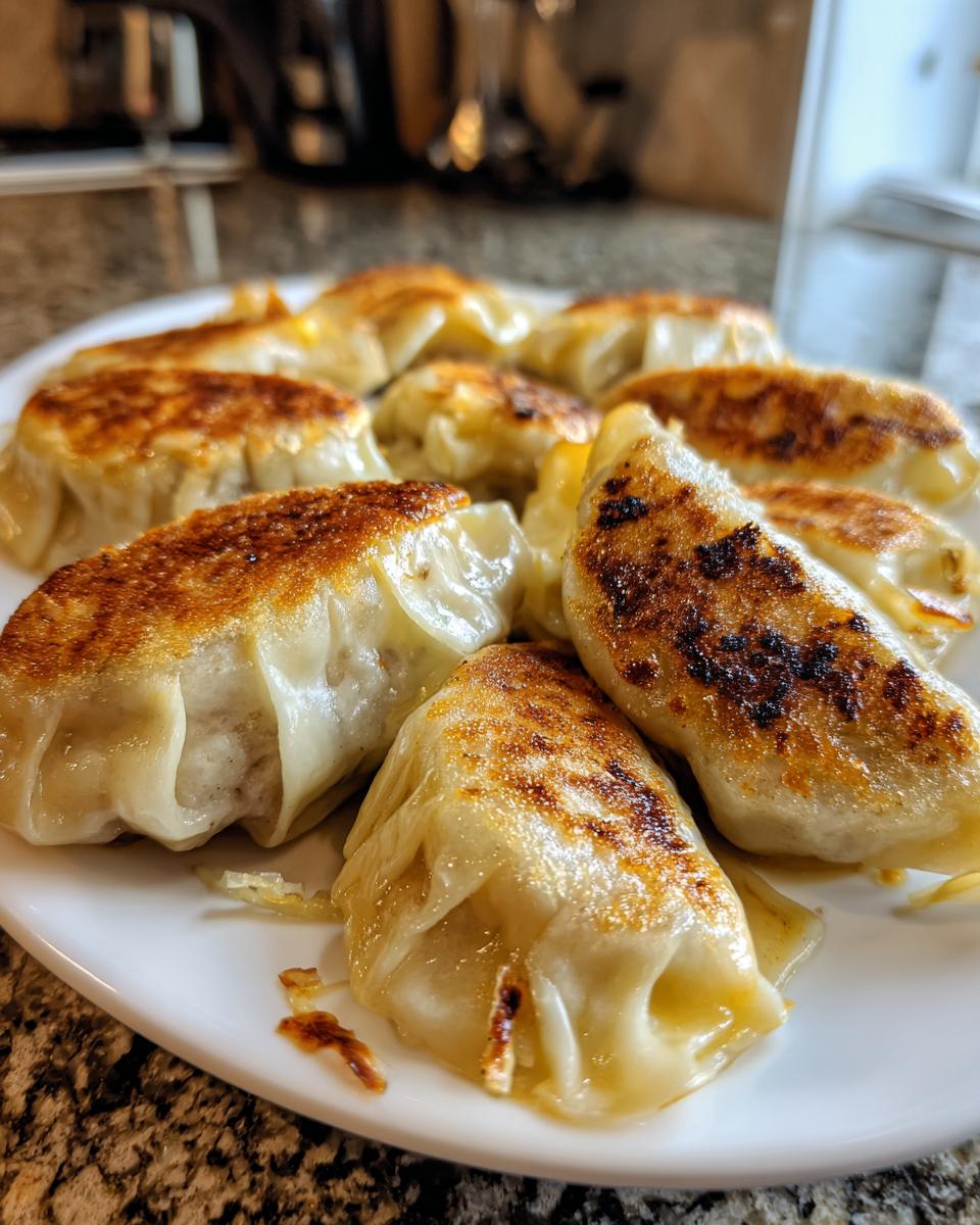 A close-up of a plate filled with golden-brown, pan-fried Traditional Chinese Dumplings, showcasing their crispy bottoms.