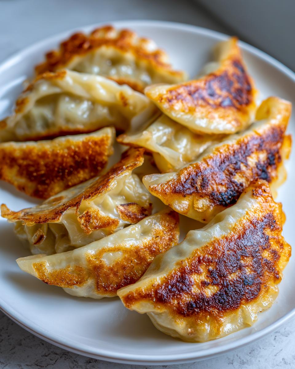 A close-up of golden-brown, pan-fried Traditional Chinese Dumplings arranged on a white plate.