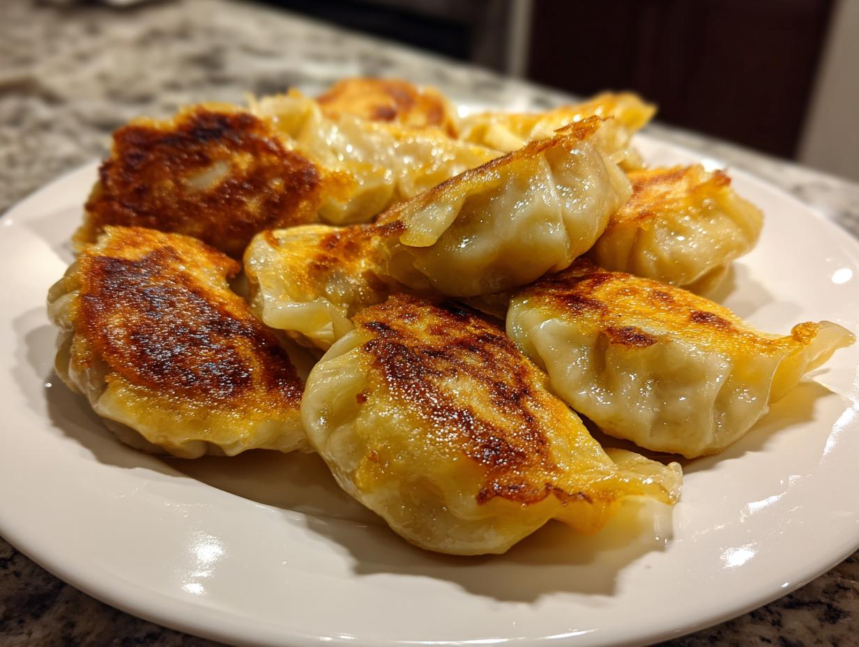 A close-up of golden-brown pan-fried Traditional Chinese Dumplings piled on a white plate, showcasing their crispy bottoms.