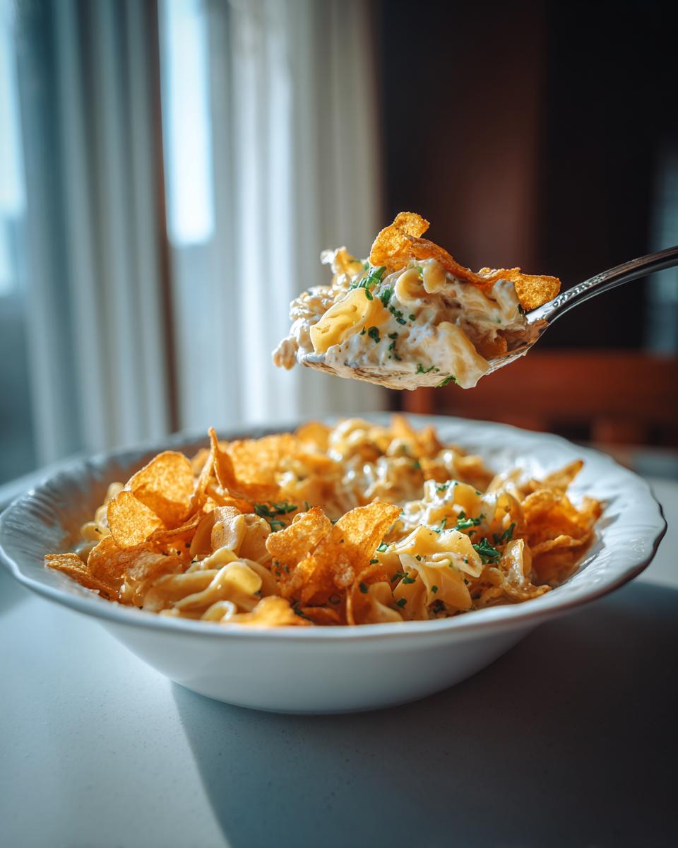 A spoonful of delicious Tuna Casserole, creamy pasta and tuna with a crispy potato chip topping.