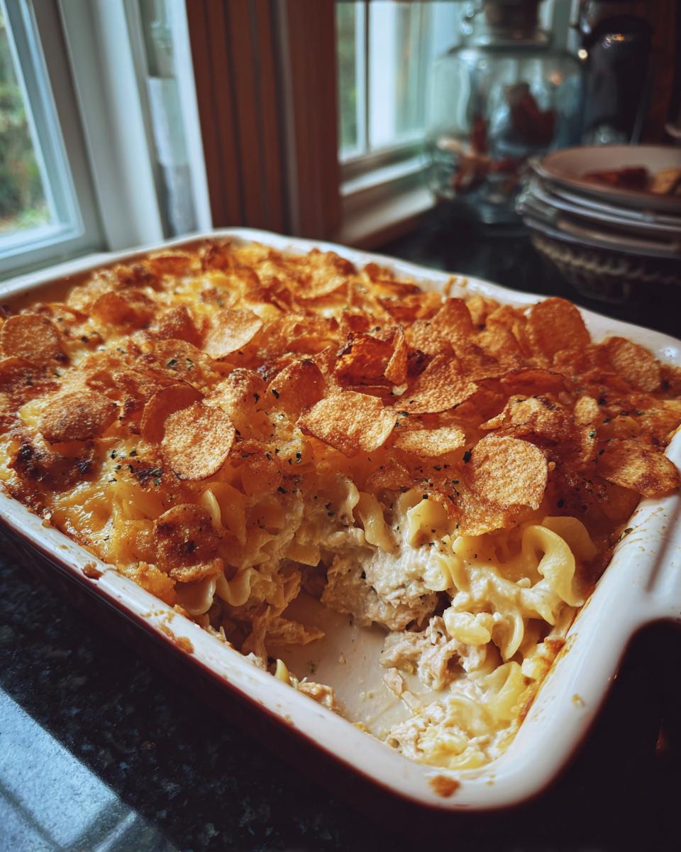 A close-up view of a freshly baked Tuna Casserole in a baking dish, topped with potato chips and cheese.