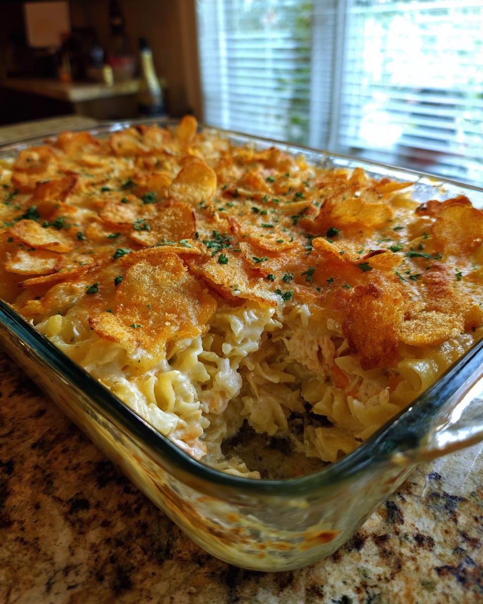 A close-up of a freshly baked Tuna Casserole in a glass dish, topped with crispy potato chips and parsley.