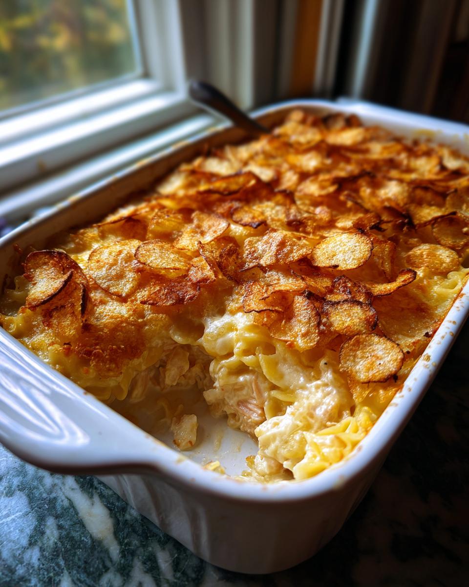A close-up of a baked Tuna Casserole in a white dish, topped with crispy potato chips.