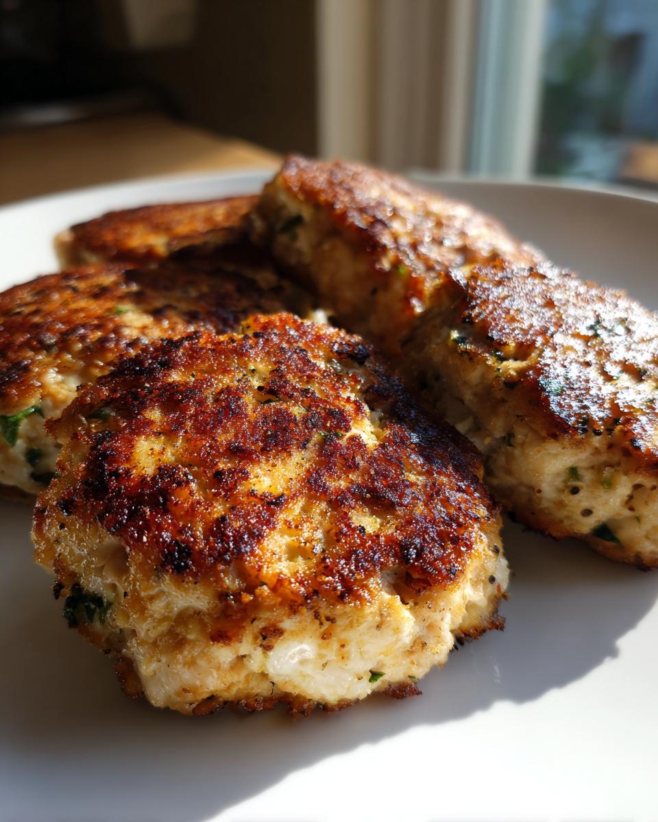 Close-up of golden brown, pan-fried tuna patties with visible herbs on a white plate.
