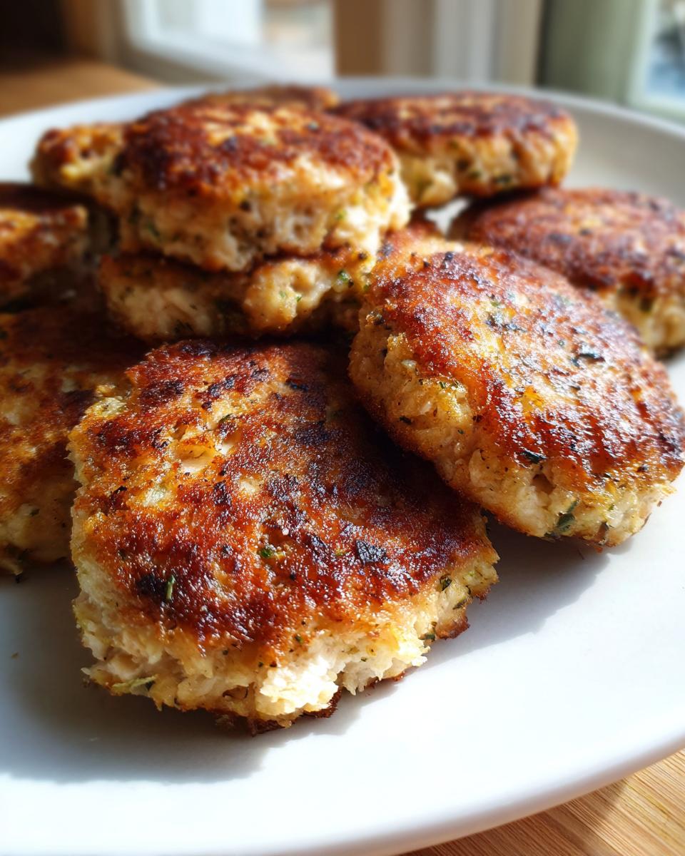 A close-up shot of several golden brown, pan-fried Tuna Patties stacked on a white plate.