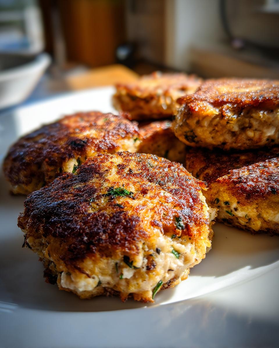 Close-up of a stack of golden-brown, freshly cooked tuna patties with visible herbs and a crispy exterior.