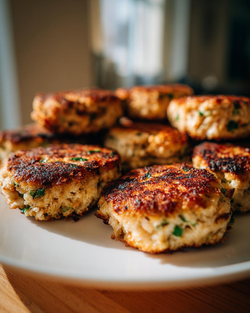 A close-up of several golden-brown, pan-fried Tuna Patties stacked on a white plate, with visible green herbs.
