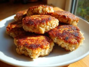 A pile of golden-brown, pan-fried Tuna Patties on a white plate, ready to be served.