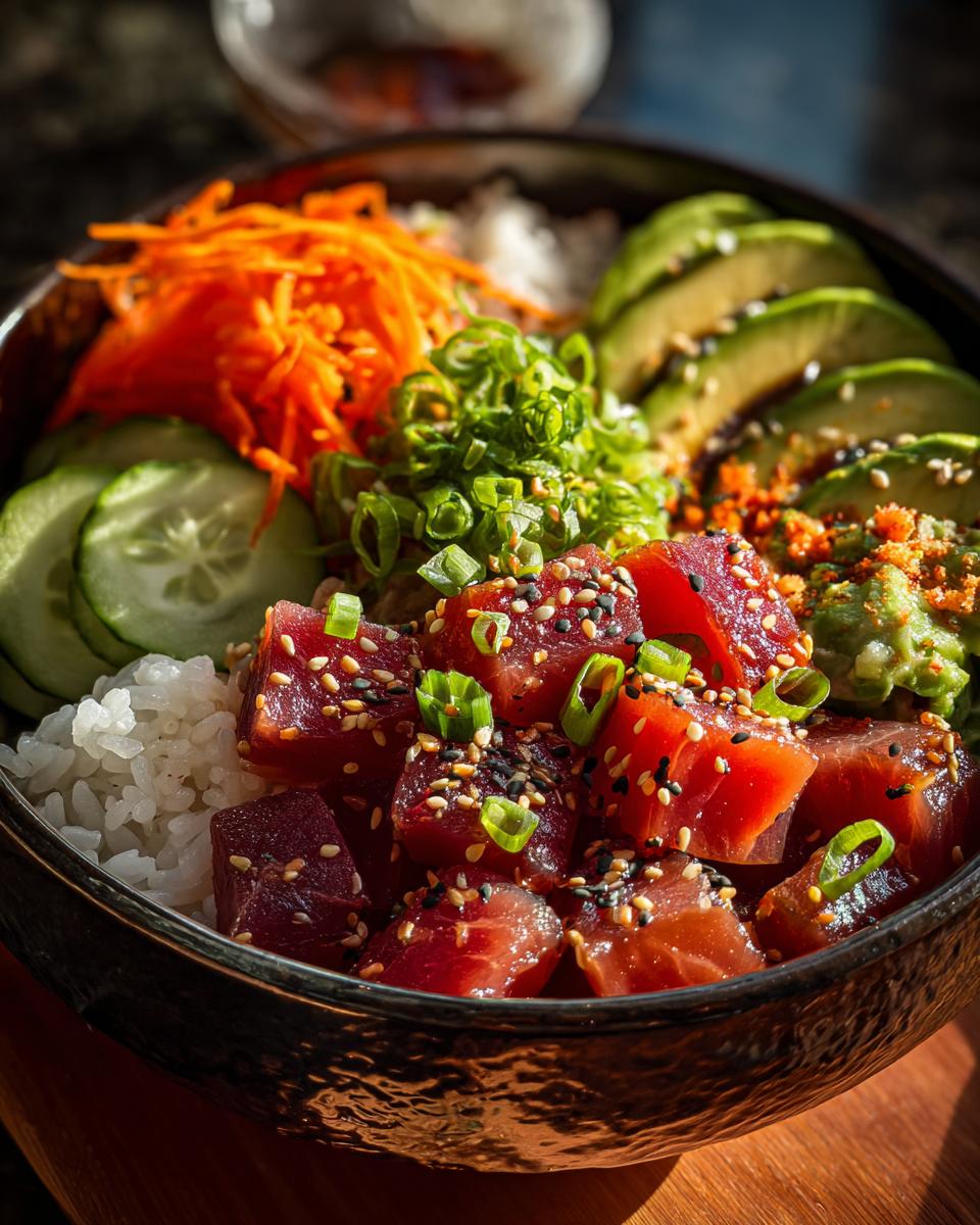 A vibrant Tuna Poke Bowl filled with fresh tuna cubes, rice, sliced avocado, cucumber, and shredded carrots, topped with sesame seeds and green onions.