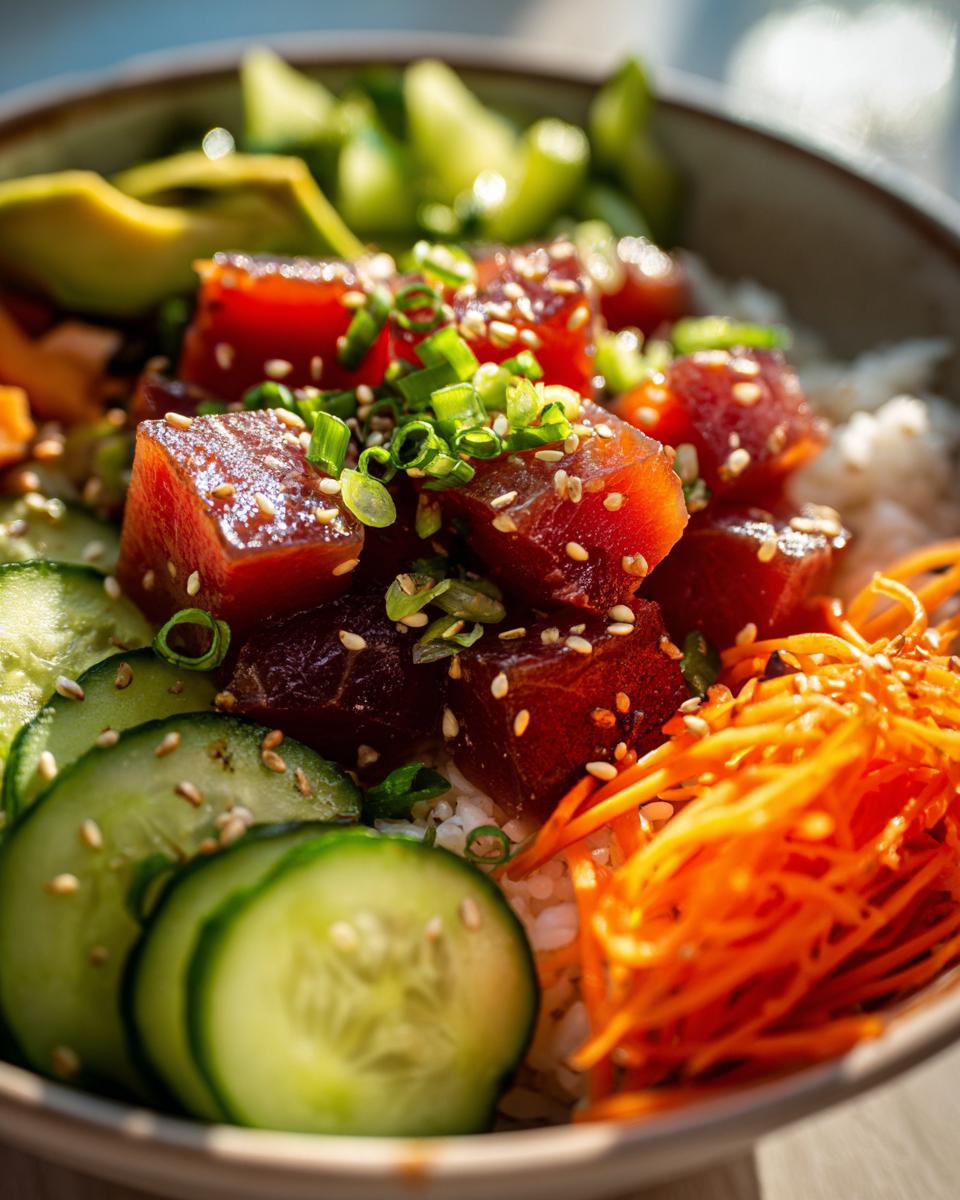Close-up of a vibrant Tuna Poke Bowl featuring cubed raw tuna, rice, sliced avocado, cucumber, and shredded carrots, sprinkled with sesame seeds and green onions.