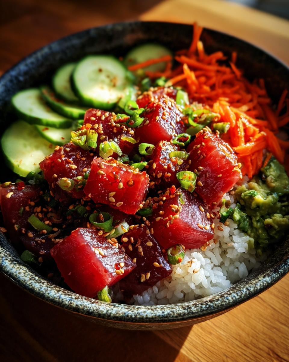 A vibrant Tuna Poke Bowl featuring marinated tuna cubes, rice, sliced cucumber, shredded carrots, and mashed avocado.