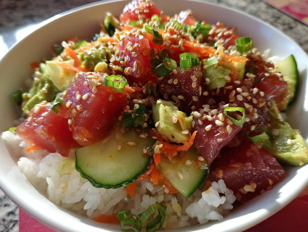 A vibrant Tuna Poke Bowl filled with cubed raw tuna, avocado, cucumber, shredded carrots, and sesame seeds over rice.