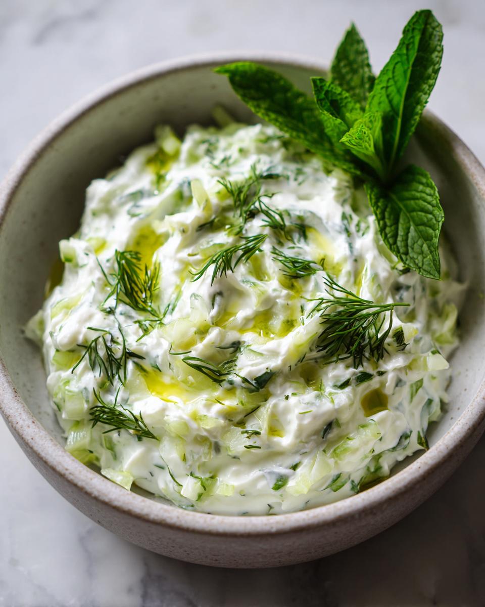 A close-up of a bowl of creamy Tzatziki sauce, garnished with fresh dill and mint leaves, and drizzled with olive oil.