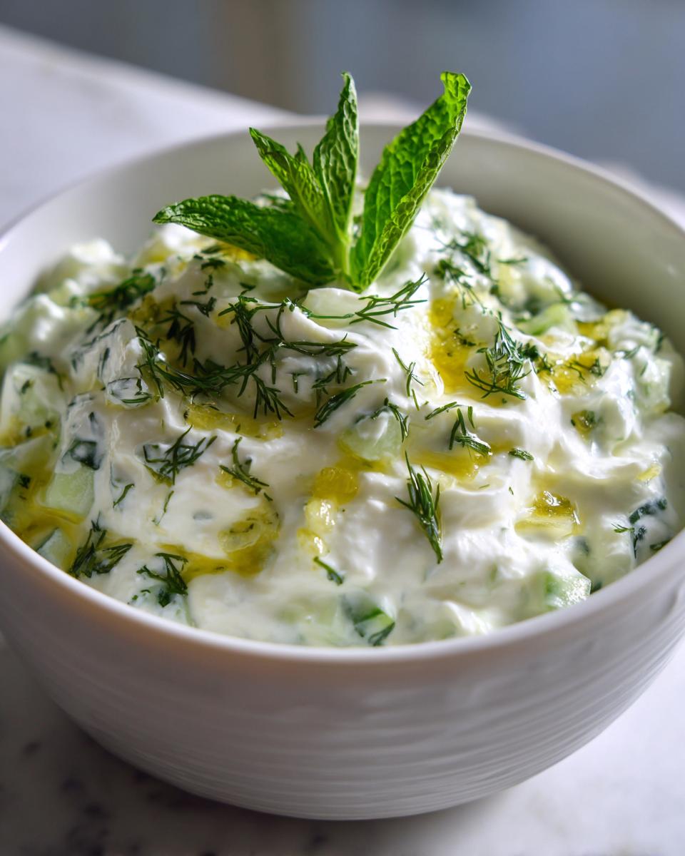 A close-up of creamy Tzatziki sauce in a white bowl, garnished with fresh mint, dill, and a drizzle of olive oil.