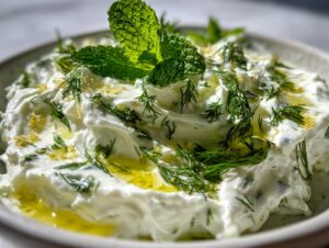 Close-up of creamy Tzatziki sauce topped with fresh dill, mint leaves, and a drizzle of olive oil.