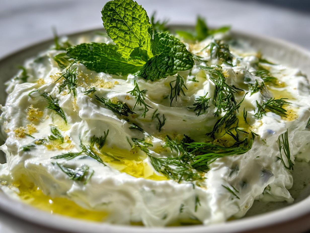 Close-up of creamy Tzatziki sauce topped with fresh dill, mint leaves, and a drizzle of olive oil.