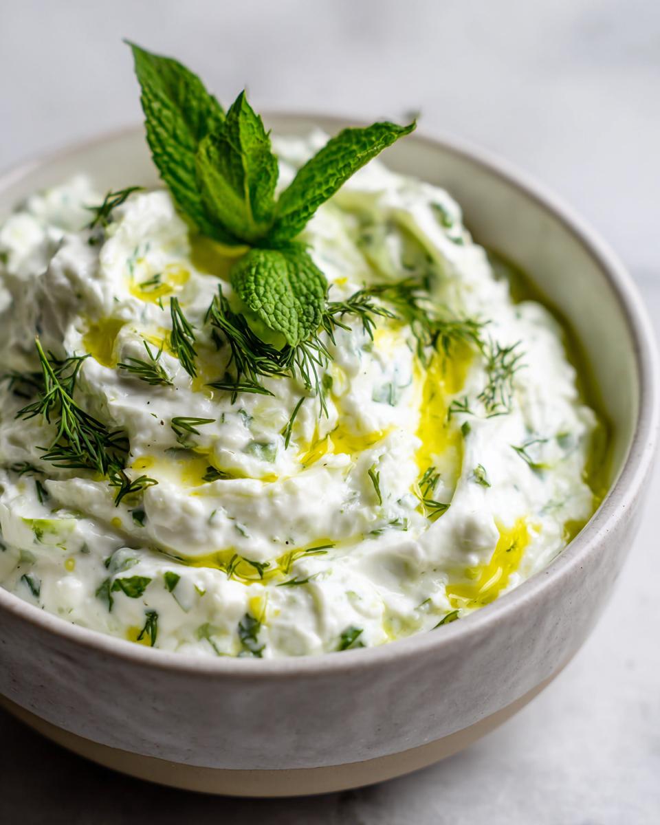 A close-up of creamy Tzatziki sauce in a bowl, garnished with fresh mint, dill, and a drizzle of olive oil.