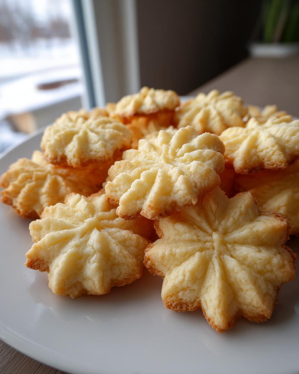 A close-up of a pile of golden-brown whipped shortbread cookies with a star-like pattern.