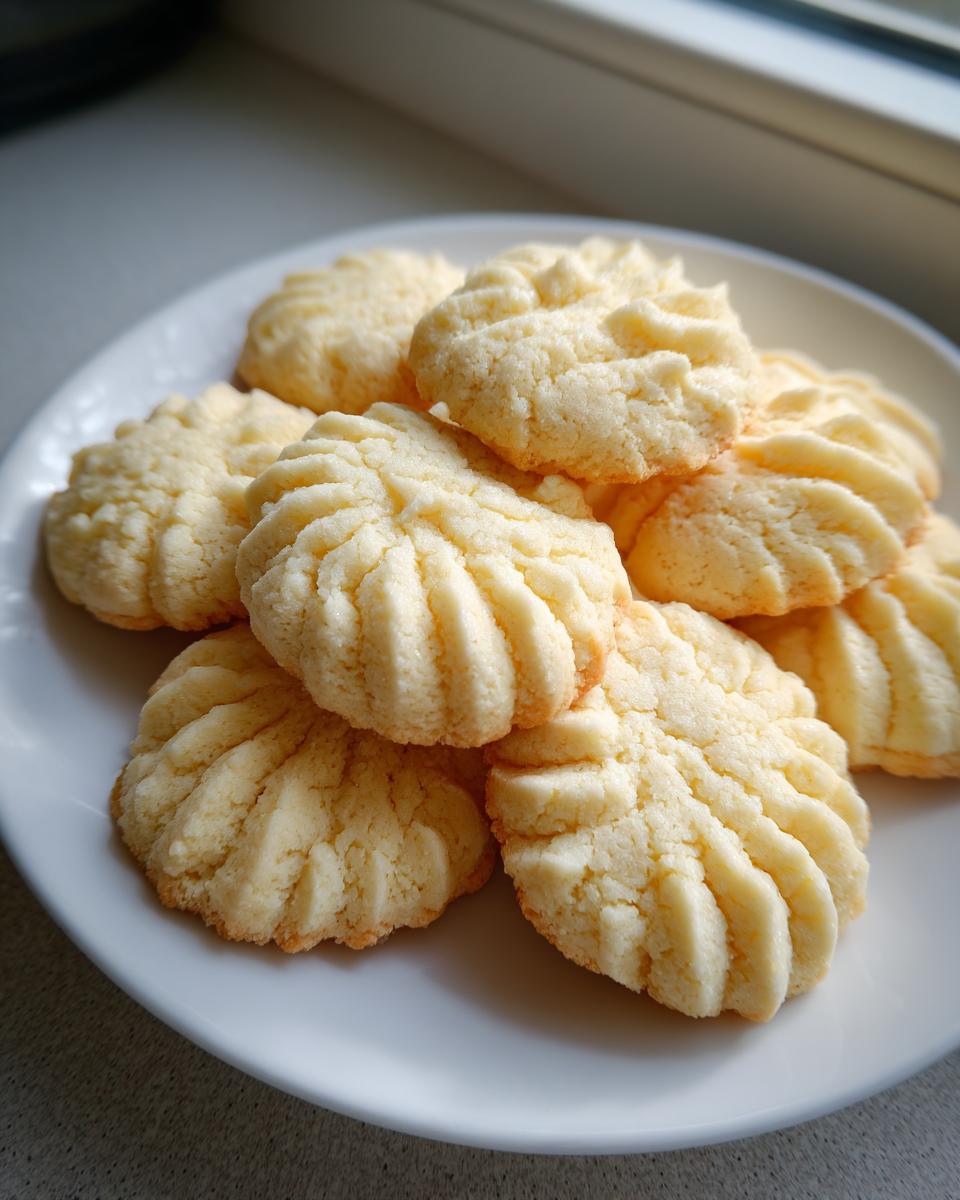 A close-up of a stack of golden-brown whipped shortbread cookies on a white plate.