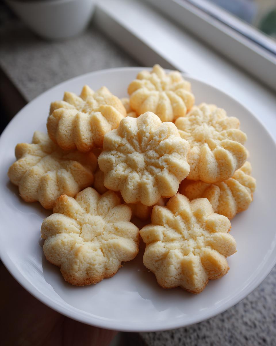 A stack of golden-brown whipped shortbread cookies, each with a delicate floral pattern, on a white plate.