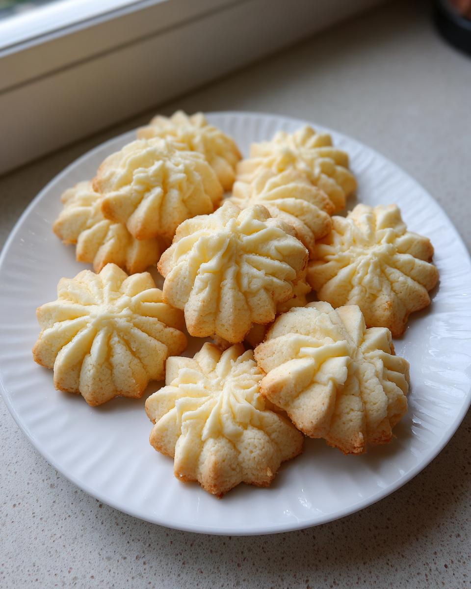 A plate of freshly baked whipped shortbread cookies with a delicate star shape and golden edges.