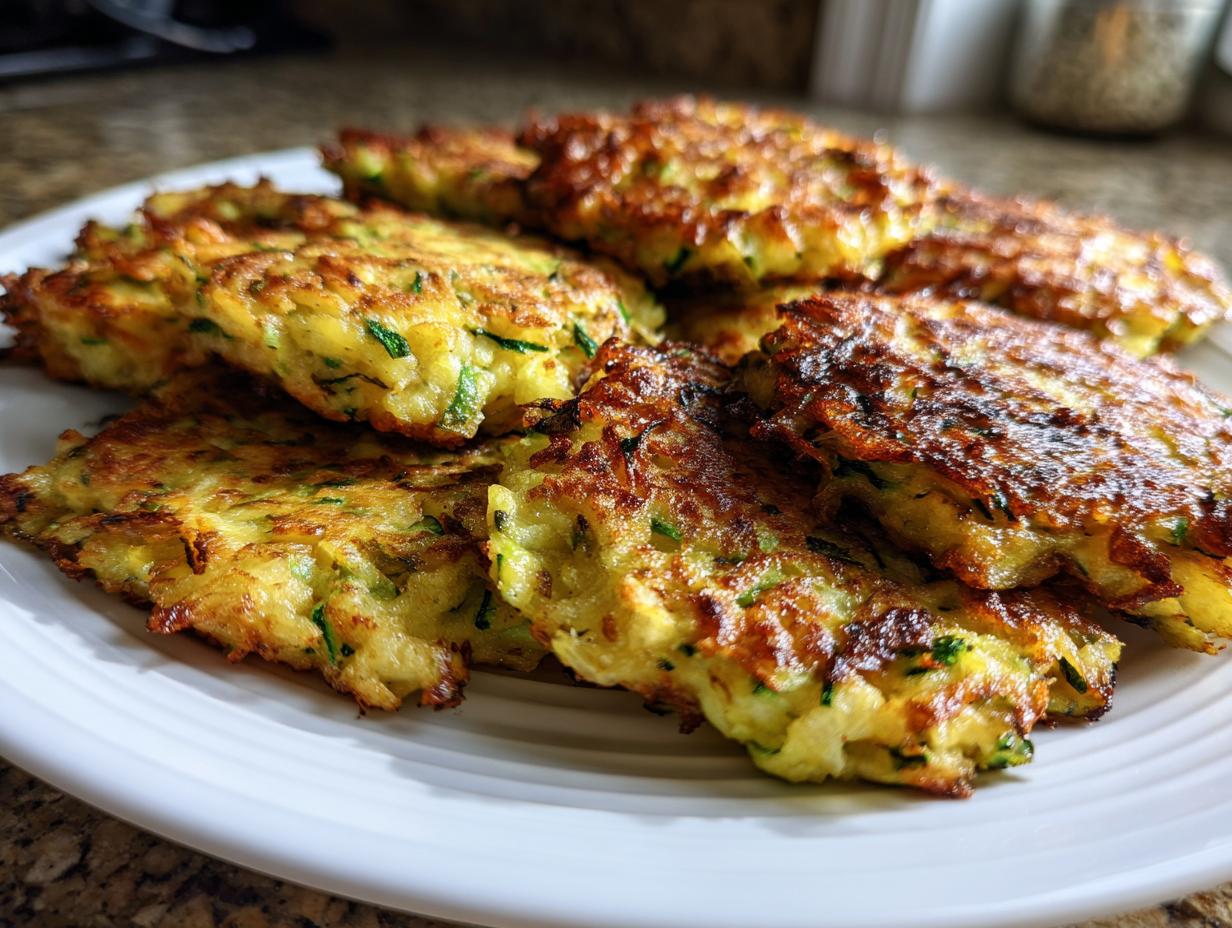 A close-up shot of several golden-brown zucchini fritters piled on a white plate, showcasing their crispy edges and shredded zucchini texture.