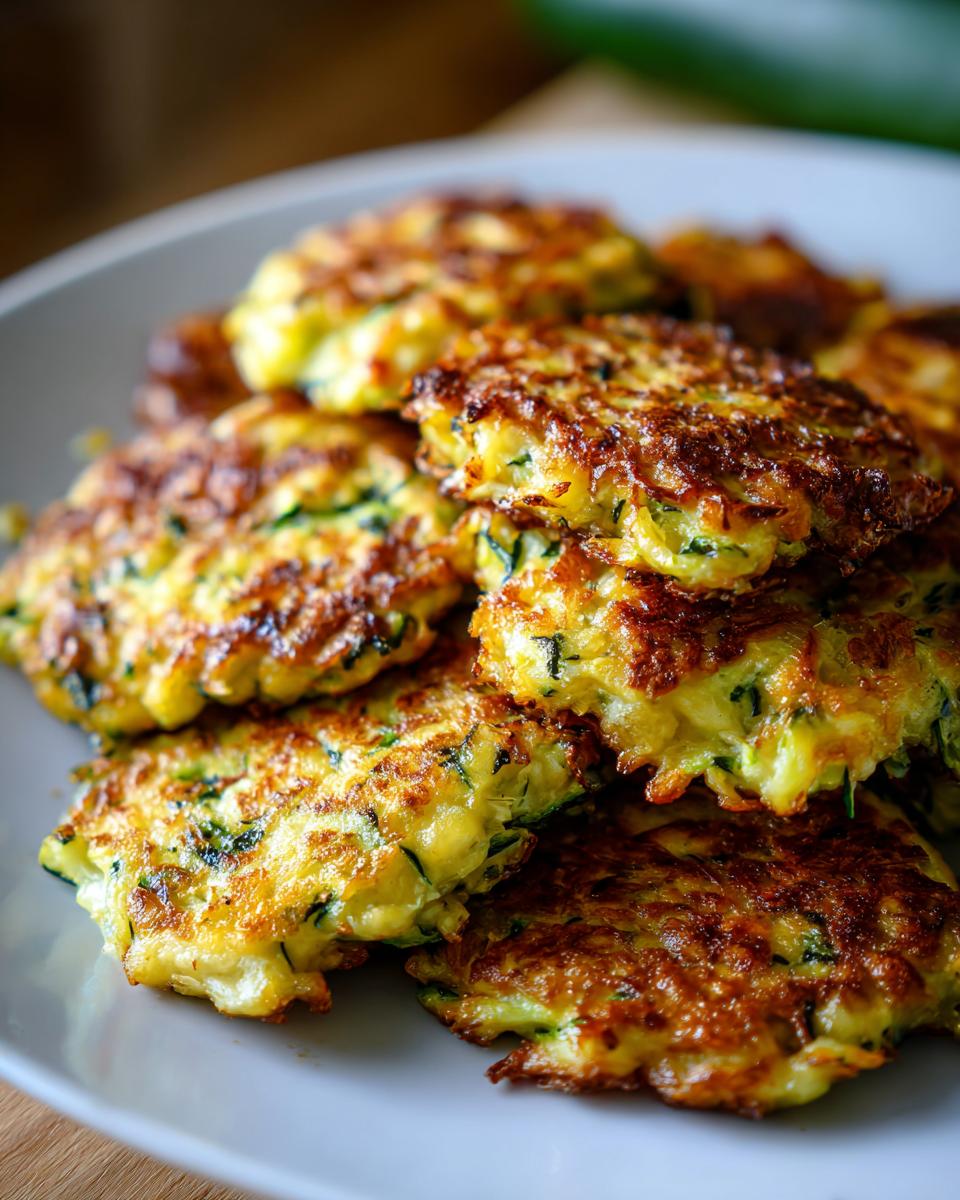 A close-up shot of a stack of golden-brown, crispy zucchini fritters on a white plate.