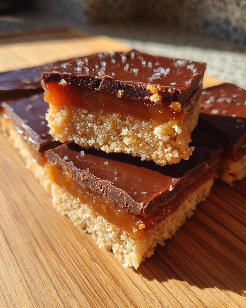 Close-up of stacked homemade Twix bars showing a shortbread base, caramel layer, and chocolate topping sprinkled with sea salt.