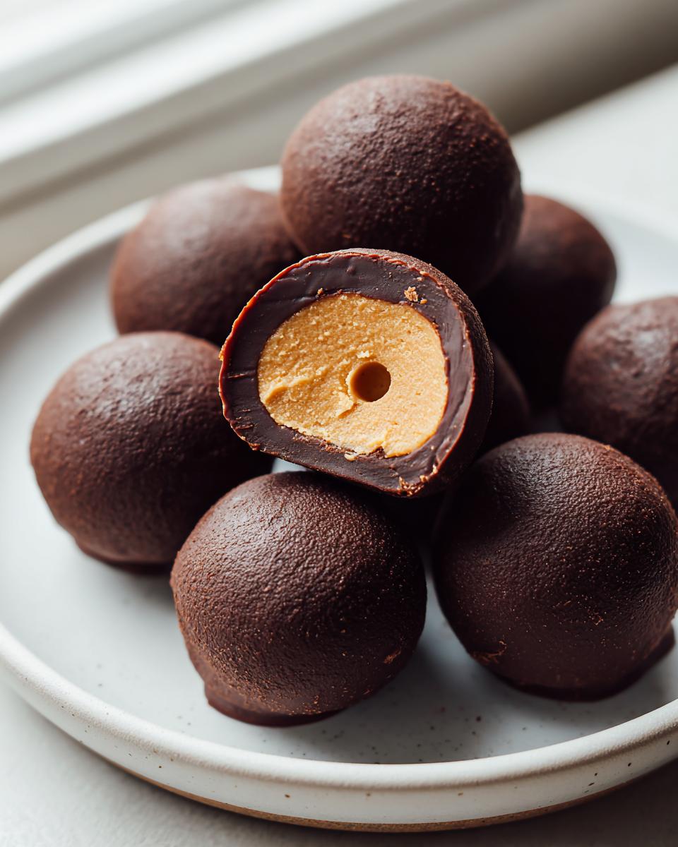 A pile of rich, dark chocolate-coated peanut butter balls, with one cut in half showing the creamy peanut butter center.