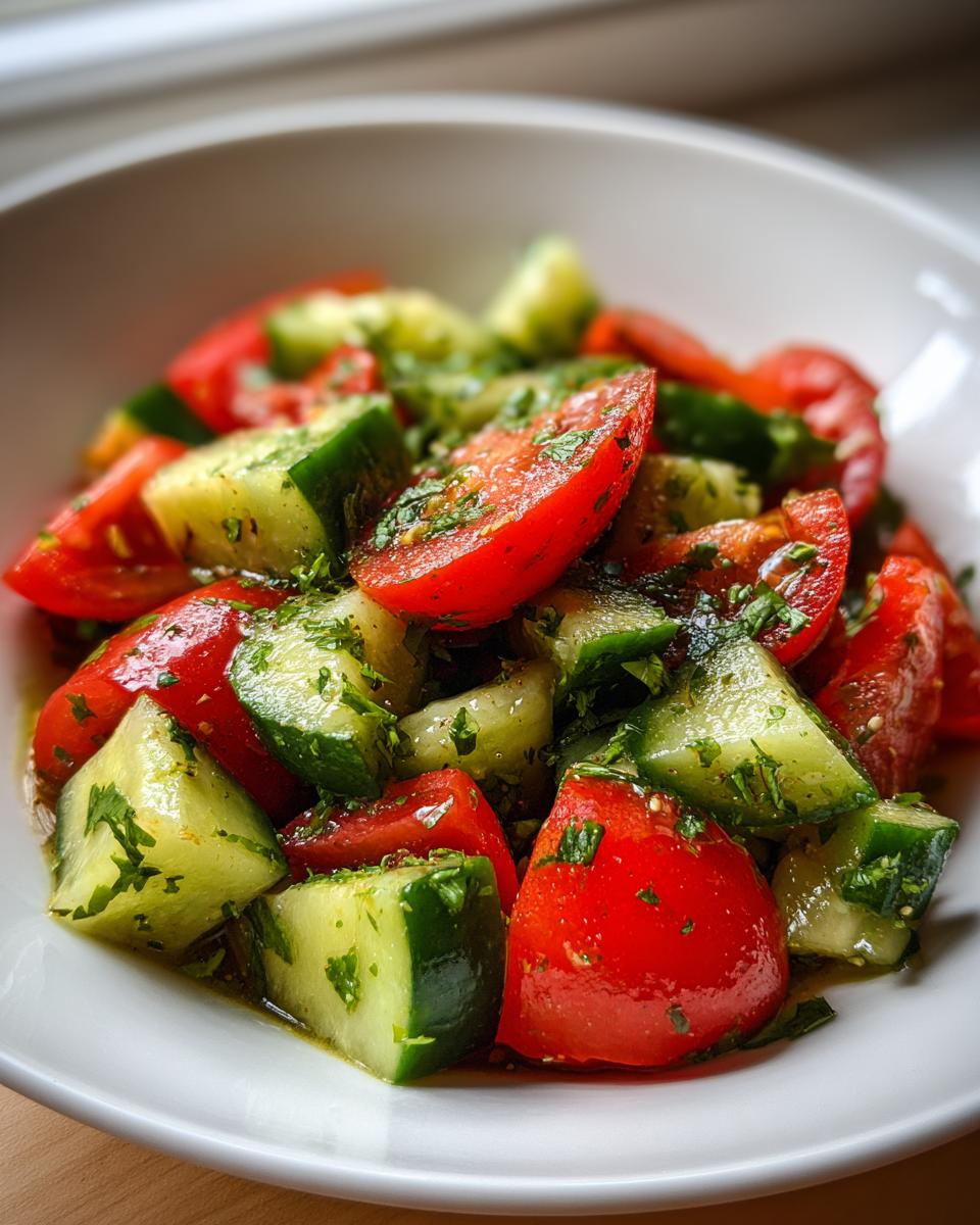Close-up of a fresh cucumber tomato salad tossed in a light vinaigrette and fresh herbs.