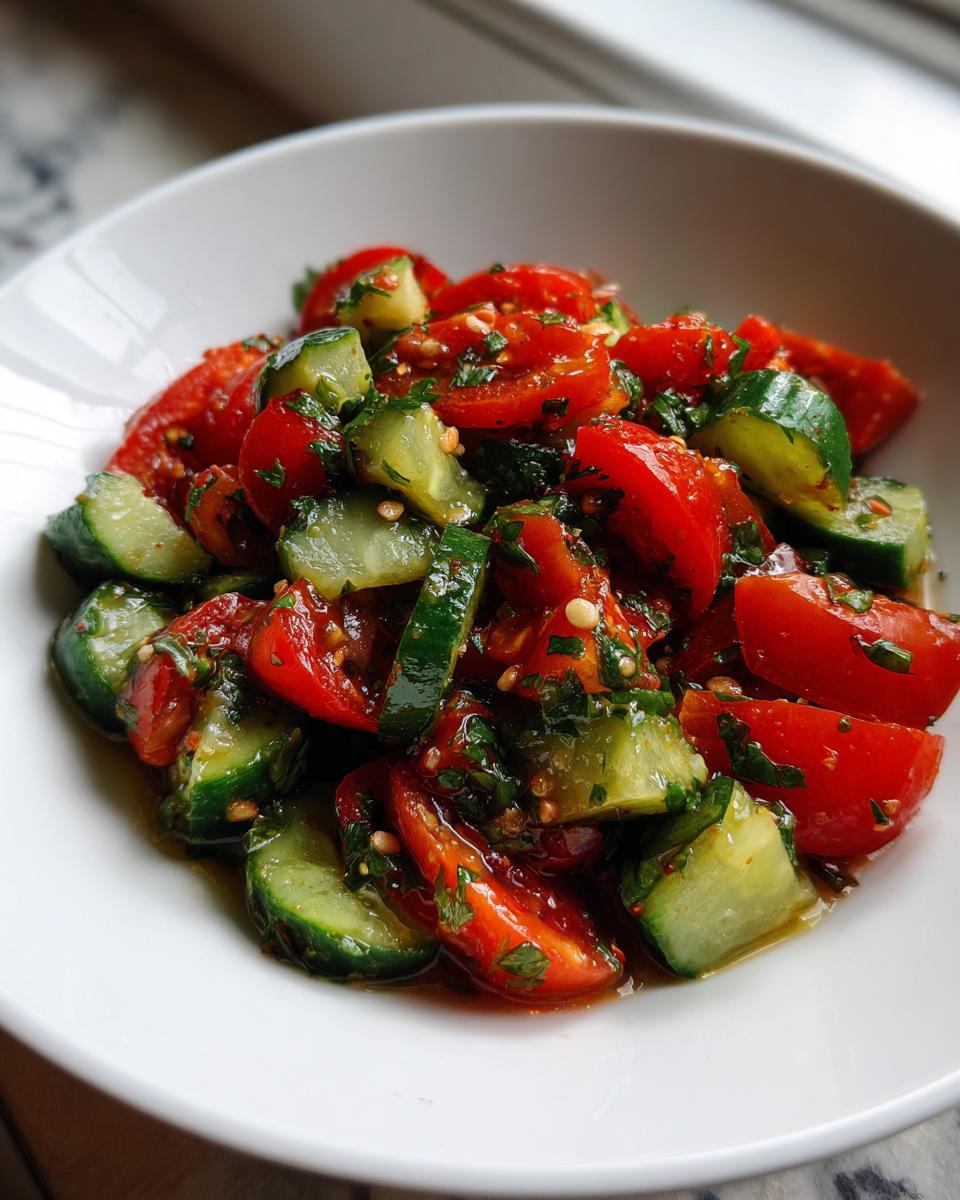 Close-up of a vibrant cucumber tomato salad tossed in a savory dressing with herbs and chili flakes.
