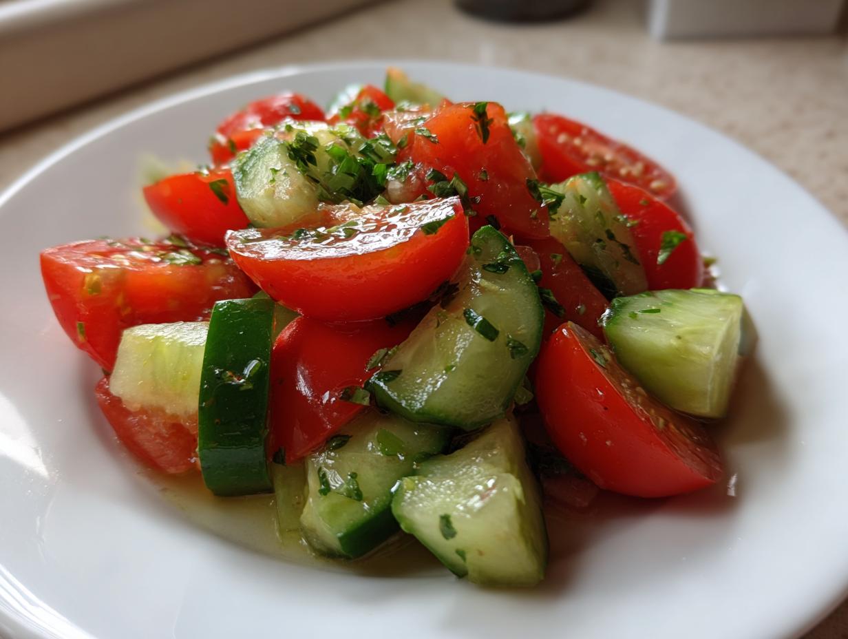 Close-up of vibrant cucumber tomato salad chunks tossed in dressing and herbs on a white plate.