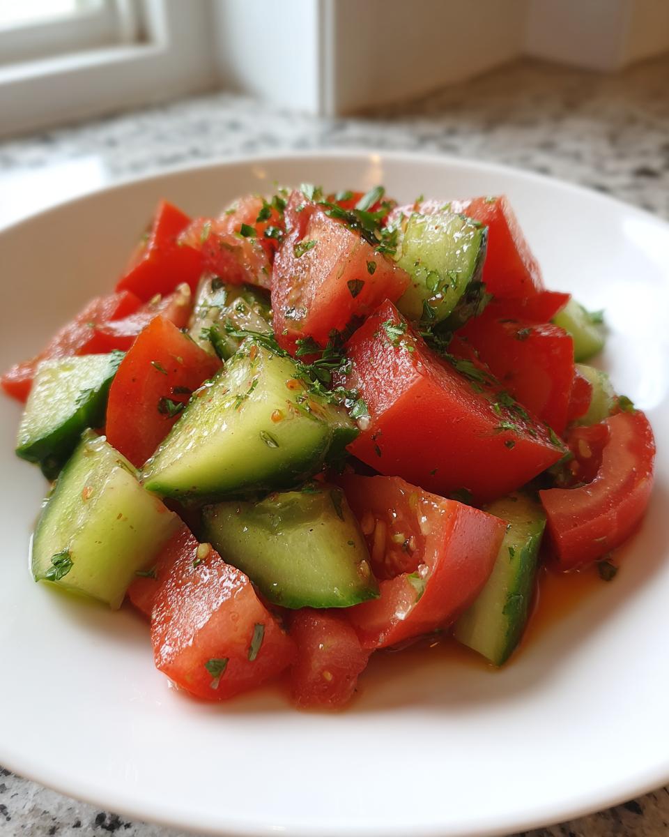 Close-up of a vibrant cucumber tomato salad tossed with herbs and dressing on a white plate.