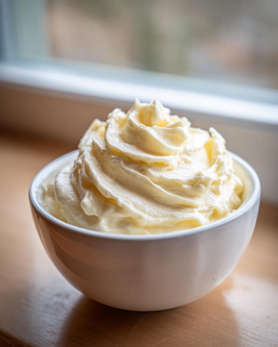 A white bowl filled with thick, creamy, and perfectly piped homemade mayonnaise, set near a window.