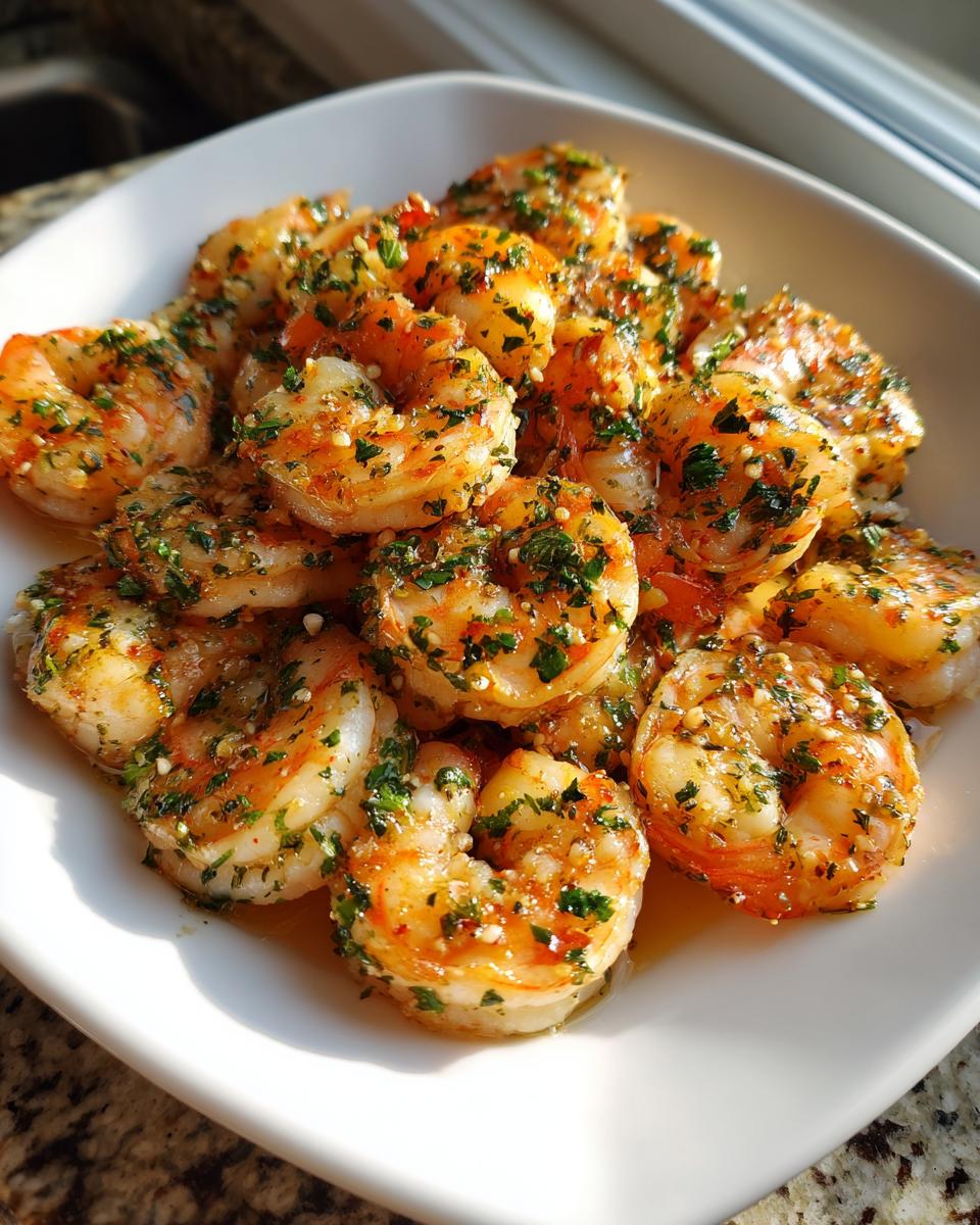 A white plate piled high with juicy, cooked air fryer shrimp seasoned with garlic and fresh parsley.