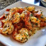 Close-up of juicy, cooked air fryer shrimp seasoned with garlic and fresh parsley on a white plate.