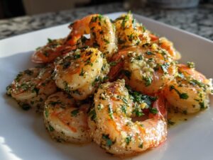 Close-up of juicy, cooked air fryer shrimp seasoned heavily with minced garlic and fresh parsley.
