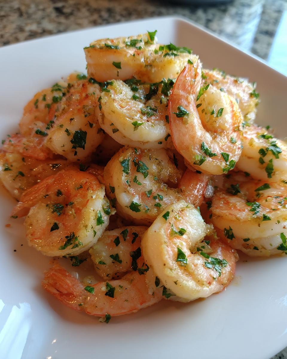A close-up of a pile of seasoned and cooked air fryer shrimp garnished with fresh chopped parsley.
