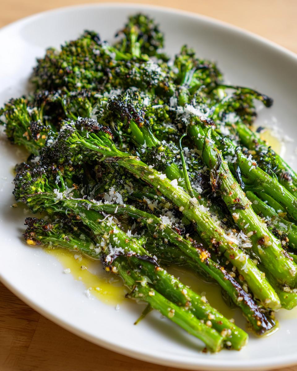 A close-up of bright green, slightly charred broccolini tossed in oil and topped with grated Parmesan cheese.