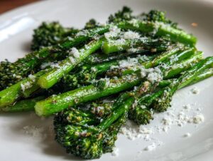 Close-up of bright green, glossy broccolini spears topped with grated Parmesan cheese on a white plate.