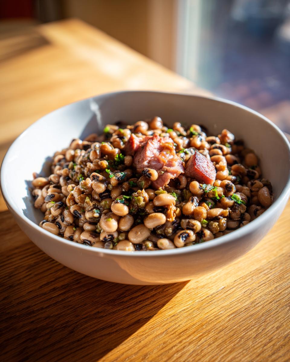 A white bowl filled with a hearty black eyed peas recipe, topped with pieces of smoked ham or bacon.