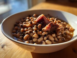 A white bowl filled with simmering black eyed peas recipe topped with a piece of smoked ham, set on a wooden table.